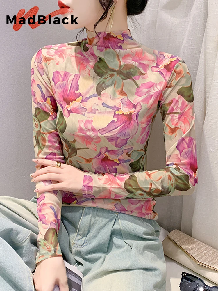 MadBlack European Clothes Tshirt Women Mock Neck Flower Print Mesh Slim Tops Long Sleeve Tees Autumn Winter T30698JC