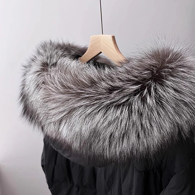 

Зимний шарф из 100% натурального натурального лисьего меха с прямым воротником, женское роскошное пальто с капюшоном, сохраняющая тепло, шарфы с серебряной лисой, натуральная шаль