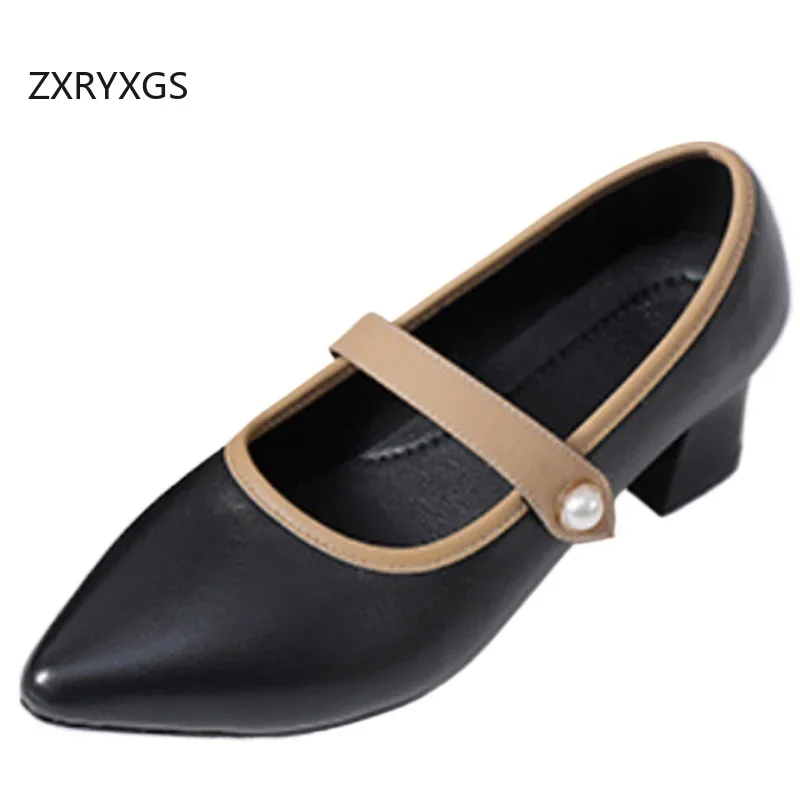 

ZXRYXGS Top Cowhide Pointed Spell Color Women Leather Shoes Thick Mid Heels 2025 Classic Retro Banquet Women Large Size Shoes
