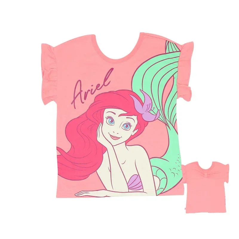 New Summer Kids Girls Princess T-shirt Cotton Cartoon Printed Mermaid Belle Rapunzel Short Sleeved Cute Thin Tee K6722