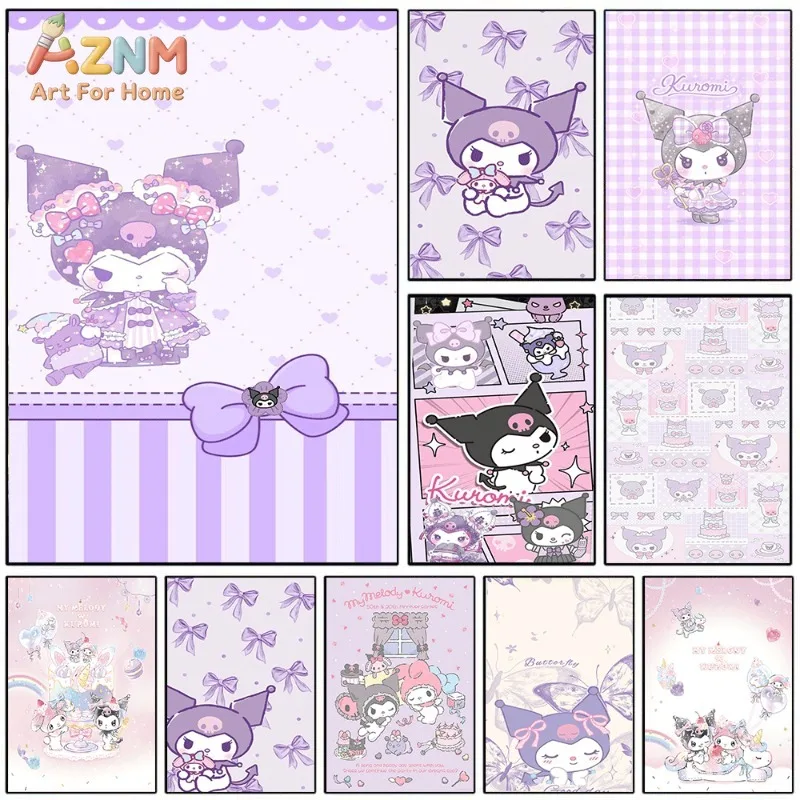 Sanrio Kuromi Purple Stripe Bow Canvas Wall Print No Frame Cute Cartoon Devil Character Pastel Girly Style Kids Bedroom
