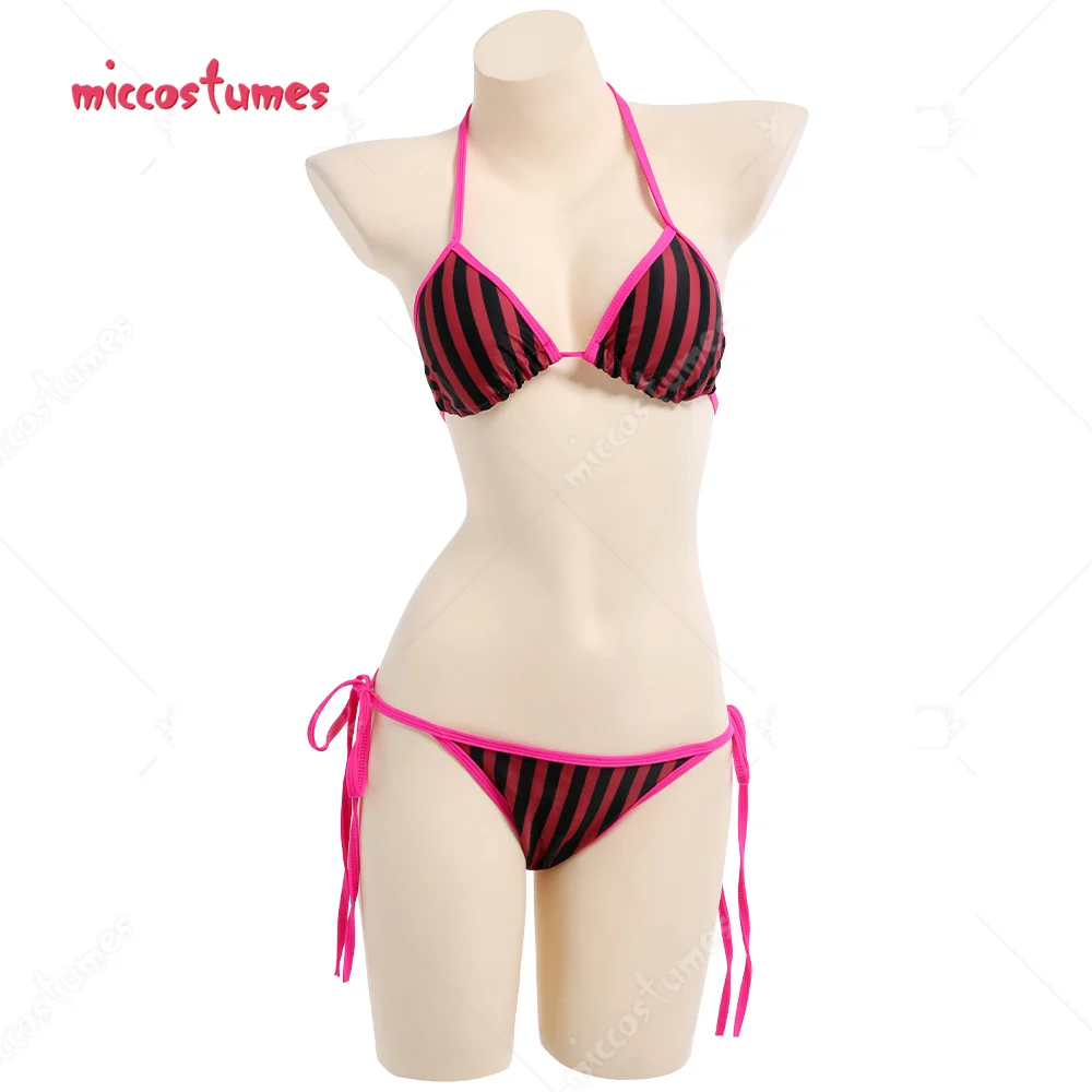 Traje de baño de dos piezas a rayas rojas y negras para mujer, conjunto de Bikini con cordones, traje de baño para playa y piscina