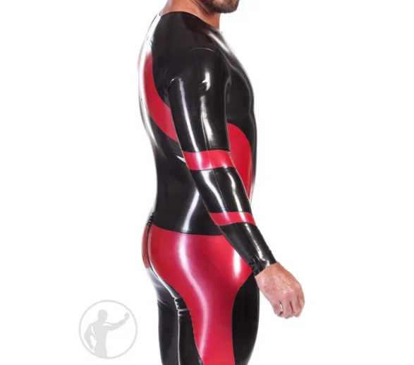 NEU 100% Latex Rubber Gummi Uniform Catsuit Ganzanzug   tight Two tone patchwork uniform