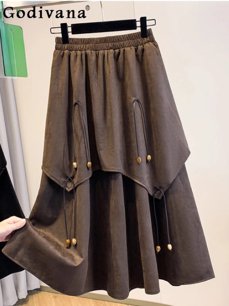 Large Size Women Autumn Chic Tassel High Waist Versatile Skirt Fashion Loose A-line Big Swing Irregular Age Reduction Skirts