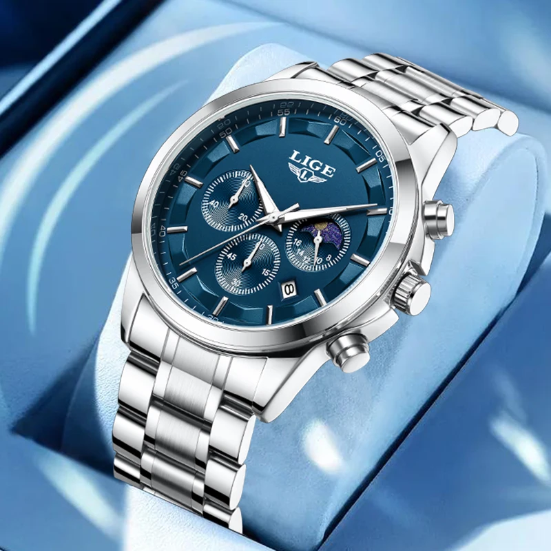 LIGE Luxury Fashion Quartz Man Watch Classic Business Auto Date Gentlemen Steel Band Moon Phase Waterproof Watches for Men Male view 6