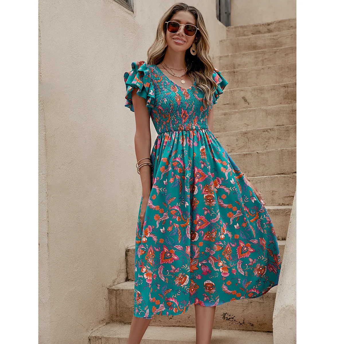 Women Floral Dress V-neck Collar Elastic Top Ruffle Short Sleeve Empire Waist Chiffon Clothing Green Summer Elegant Long Dress