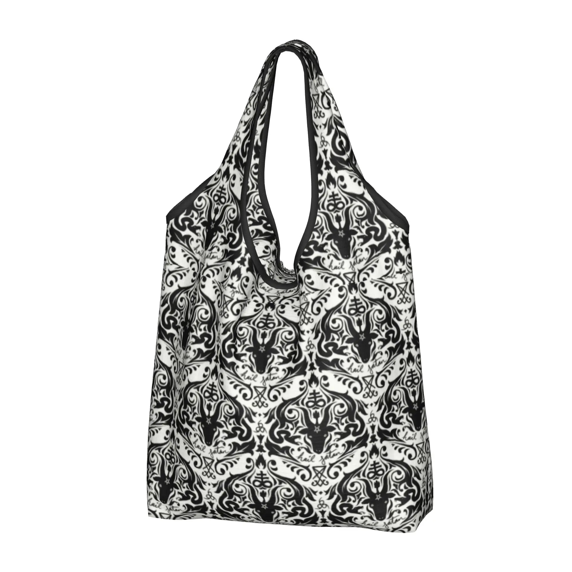 Fashion Printed Damask Hail Satan Tote Shopping Bags Portable Shopper Shoulder Satanic Cross Devil Baphomet Handbag