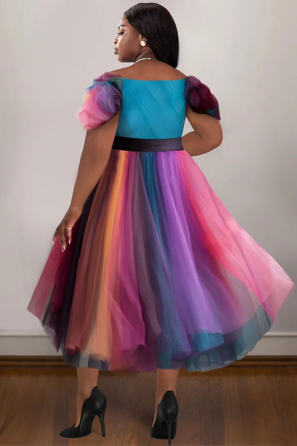 Pleated A-Line Plus Size Prom Elegant Multicolor Gradient Spring Summer Wrap Neck Tulle Midi Dresses Evening Cocktail Dresses