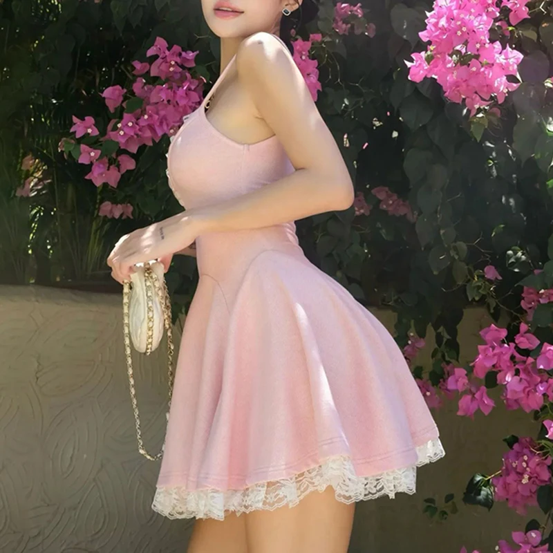 Darlingaga Spaghetti Strap Pink Sweet Summer Dress Women Lace Patchwork a-line prendisole Cute Coquette Mini Dress vacanze coreano