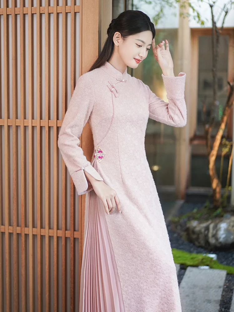 

Новое элегантное длинное розовое ципао ChuChan для женщин: нежное, модное, осенне-зимнее, класса люкс, в традиционном китайском стиле