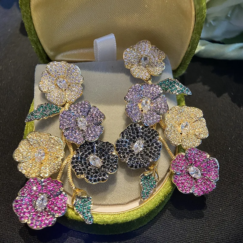 S925 Silver Needle French Elegant Colorful Zircon Flower Earring Exaggerated High-quality Drop Earrings for Women Party