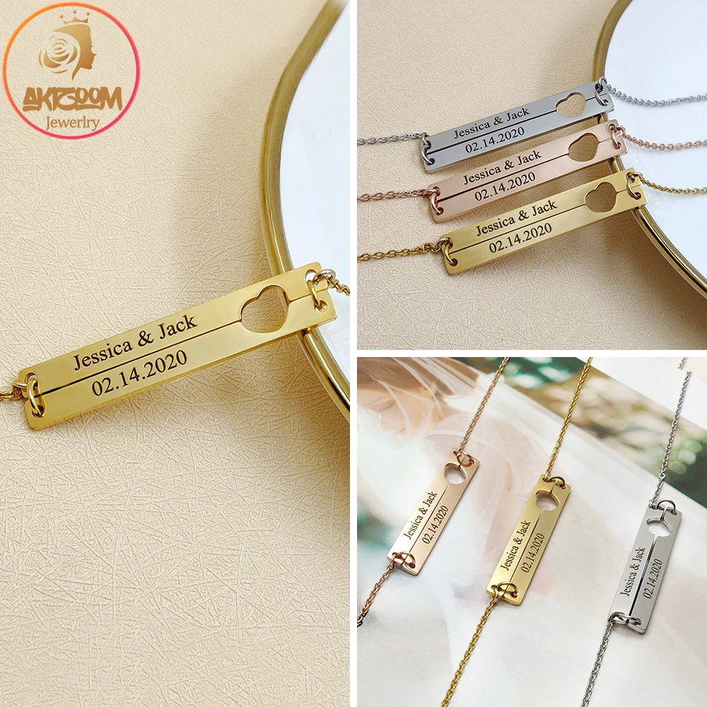 

Custom Engraved Name Bar Necklace Stainless Steel Personalized Date Heart Couple Pendant For Women Man Mother's Day Jewelry Gift
