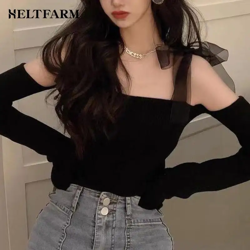 Women Casual Tops Off Shoulder Bow Strap Sexy Solid Color Knitted Pullover