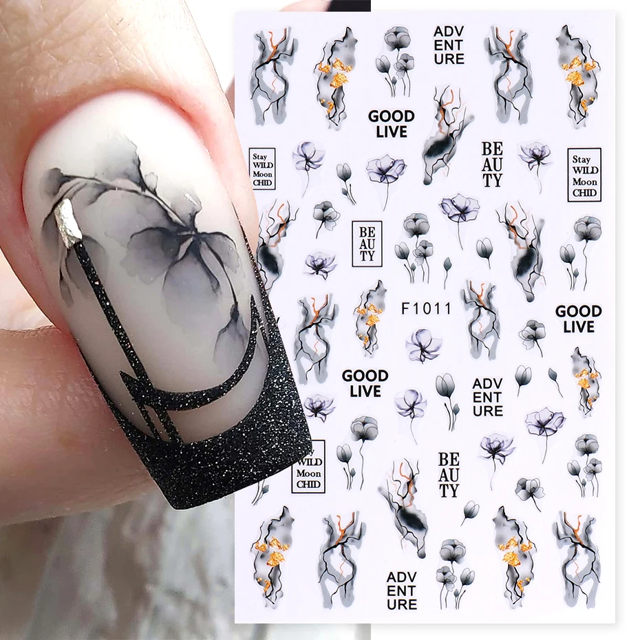 Smoky Black Flowers 3D Nail Sticker Blooming Floral Ink Marble Painting Design Decal Abstract Letter Geometry Manicure Foil Tips