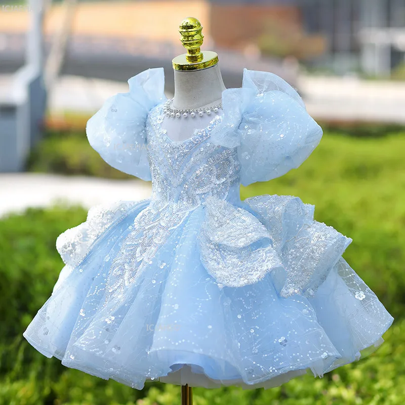 Girls Blue Party Dress Vestido Princess Gown BirthdayParty Kids Elegant Piano Recital Pageant Formal Wear Children Costumes