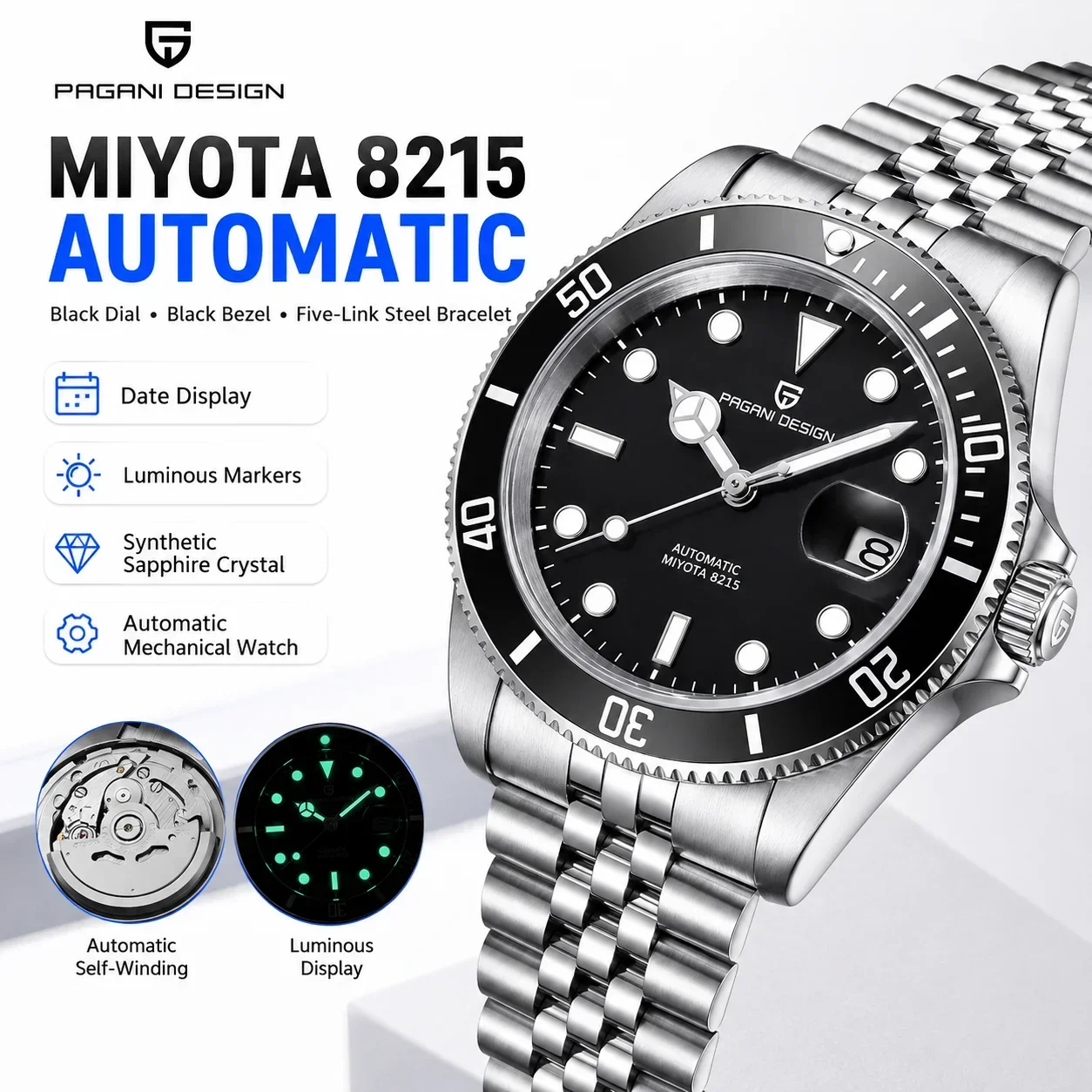 PAGANI DESIGN PD1661 Miyota 8215 Automatic Men's Watch Black Dial Bezel Sapphire Steel Five-Link Bracelet Luminous Date 100M
