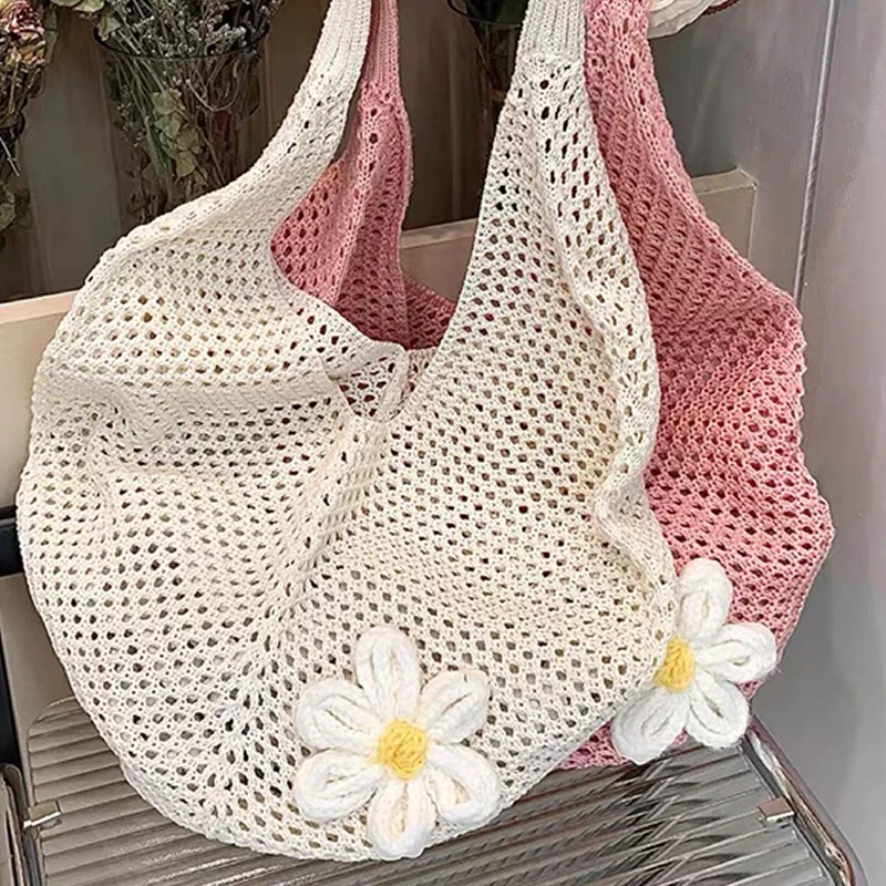 

HUA HUA Women's Braided Bag Korean Style Shoulder Tote Bag Lazy Style Knitted Hollow Flower Big Bag