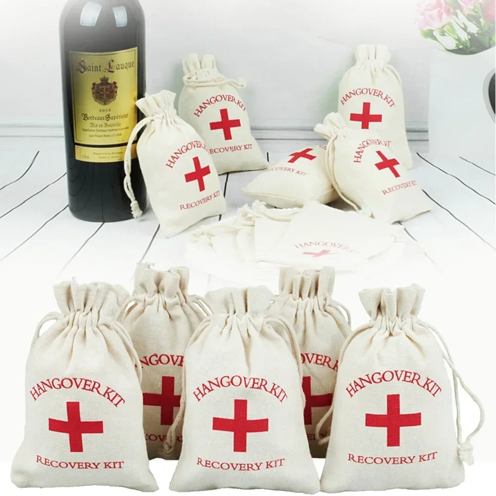 100Pcs Cotton and Linen Cloth Bag Emergency Bag Party Hangover Bag, Red Cross Hangover Kit Hangover Kit Bags