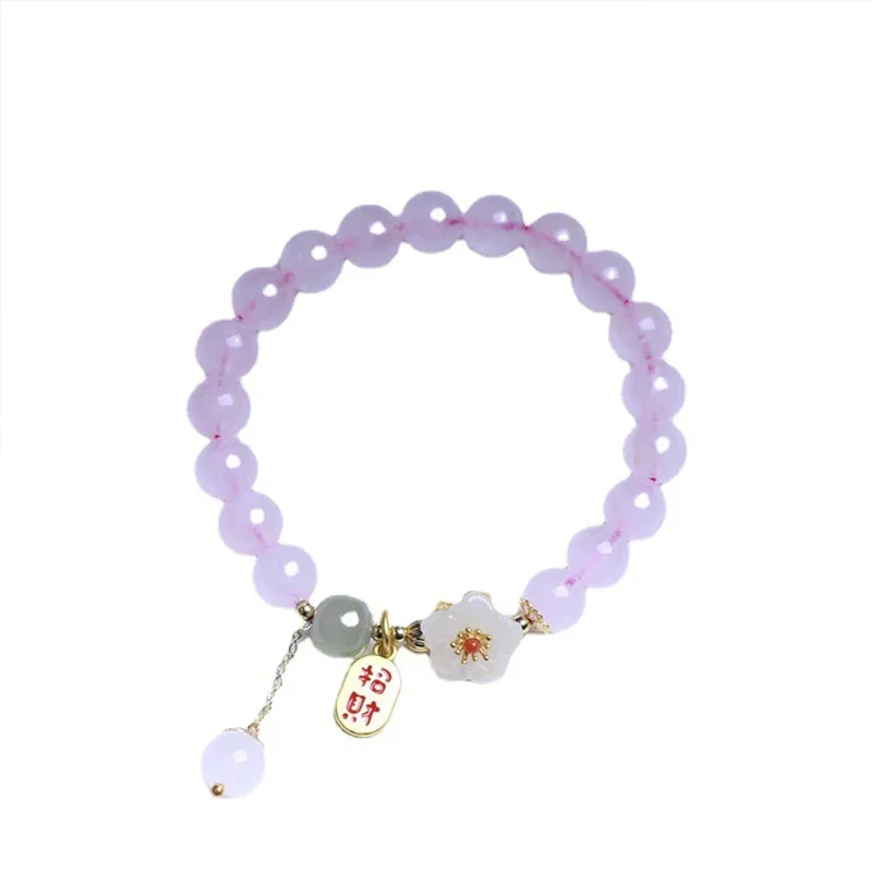 

*Handmade Pink Crystal Beads Bracelets for Girls with Chinese Style Peach Blossom Flower Bracelet Couples Valentine's Day Gift