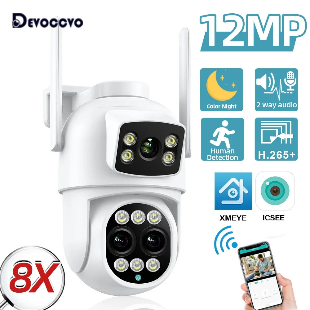 6K 12MP ICSEE Wifi Security Camera 3 Lens Dual Screen 8X Zoom Outdoor Waterproof Auto Tracking Human Detect Surveillance Camera