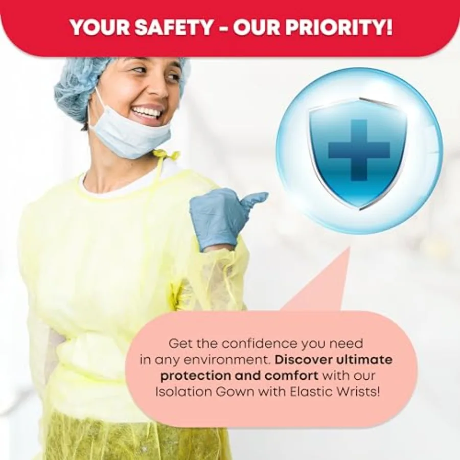 Universal Size Yellow Disposable Isolation Gown with Elastic Wrists for Healthcare and Medical Settings Ideal for Infection Con view 2