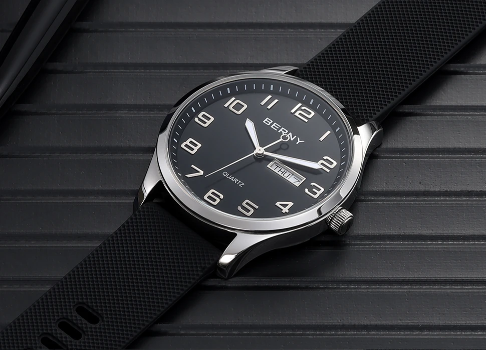 BERNY Uhren für Herren, Quarz, lässig, Sport, Herrenuhren, weiches Silikonarmband, großes Zifferblatt, Kalenderwoche, leicht ablesbare Armbanduhr – Detail 17