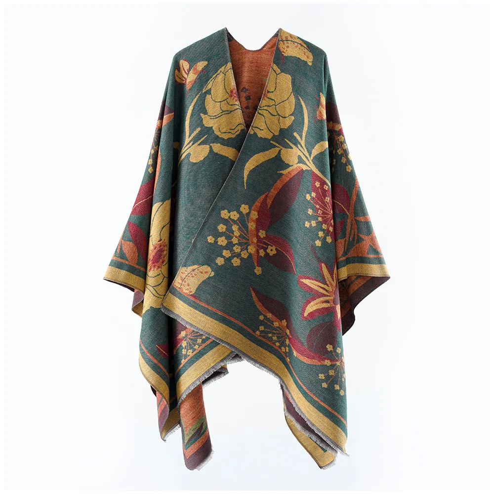 

Retro Magnaolia Flower Jacquard Poncho Wraps Thick Cape Women Elegant Fashion All Seasons Party Travel Leisure Outerwear