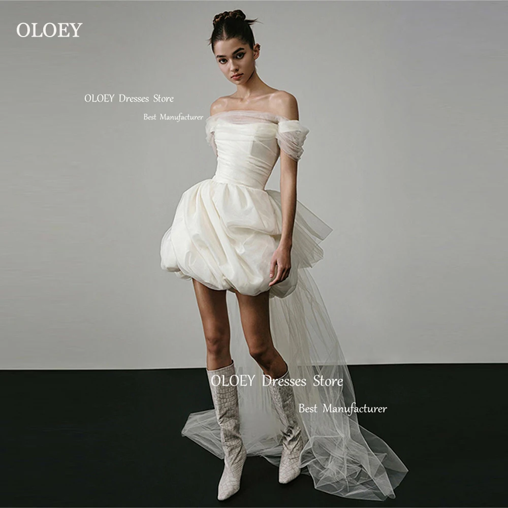 

OLOEY Simple A-Line Mini Wedding Dresses Ivory Women Satin Prom Gowns Off Shoulder Photoshot Occasion Gowns Free Customized