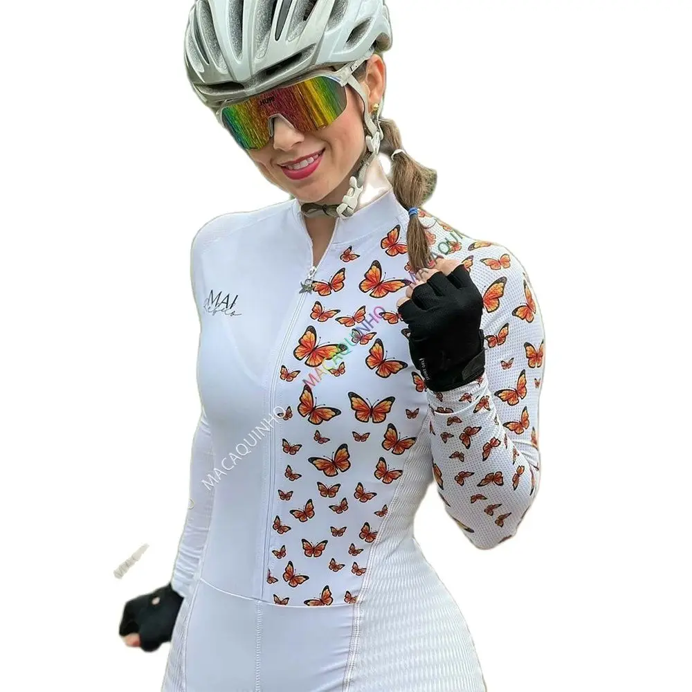 Xama Pro Women's Cycling Jumpsuit White Summer Long Overalls Full Bike Outfit Gel Cyclist Pants Laika Butterfly