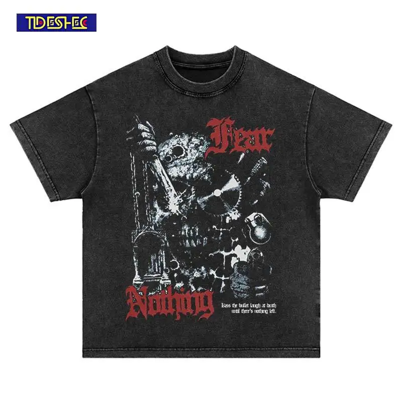 

Летняя модная футболка с нейтральным принтом черепа в стиле хип-хоп, Harajuku, винтажная уличная одежда, потертые топы большого размера в стиле панк, хлопковая футболка