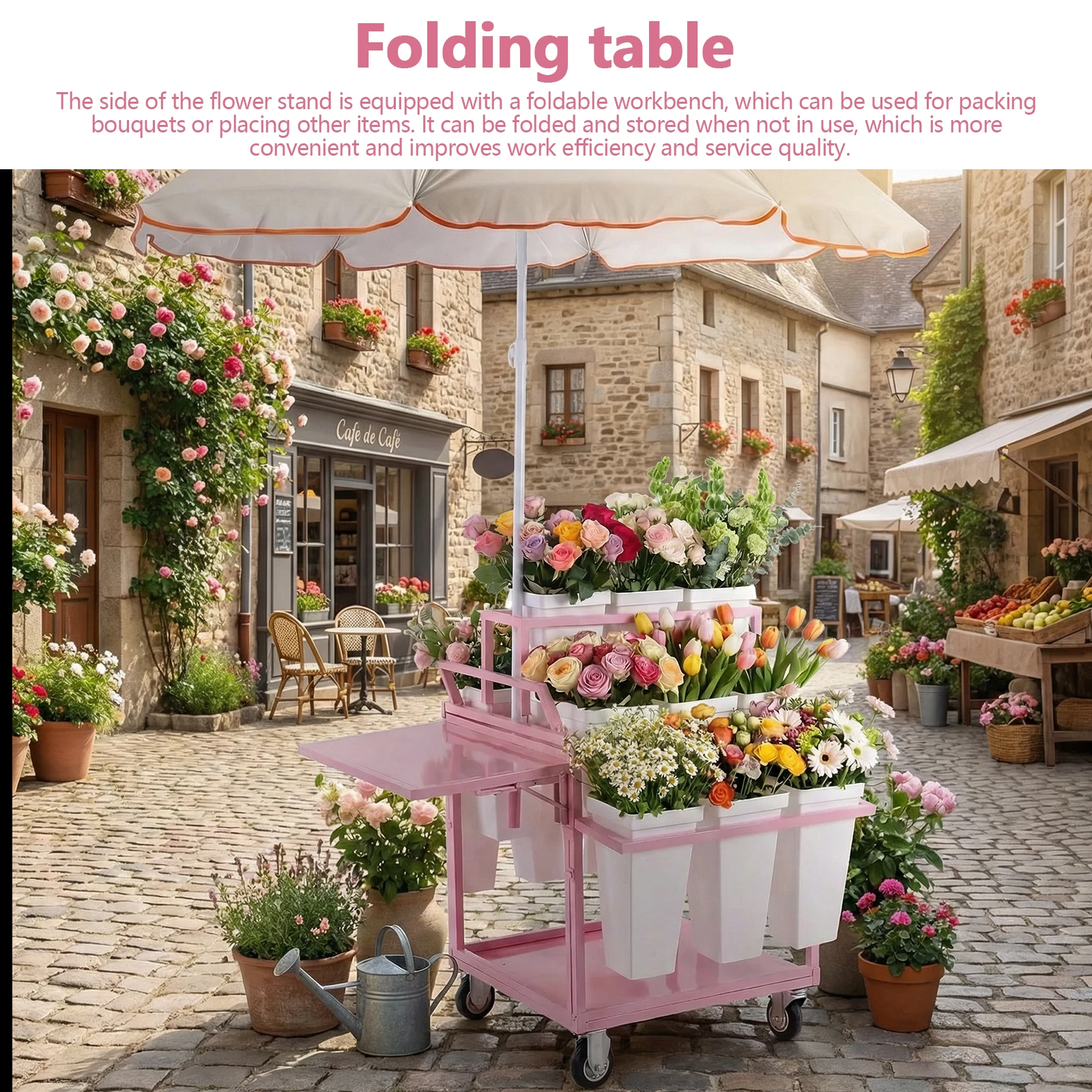 

Металлическая уличная подставка для цветов с 18 кашпо, держателем для растений, колесами и зонтом для свадеб, вечеринок и домашнего декора