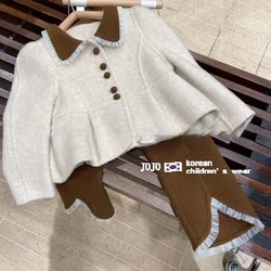 Kids Sets 2022 Outerwear Turn-down Collar Pants Ankle Length Elastic Waist Loose Straight Cotton Solid Soft Casual Autmn Winter