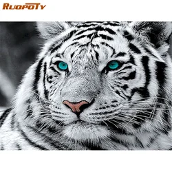 RUOPOTY 프레임 다이아몬드 라인 석 그림 화이트 타이거 전체 드릴 다이아몬드 자수 모자이크 동물 완료 키트 벽 장식