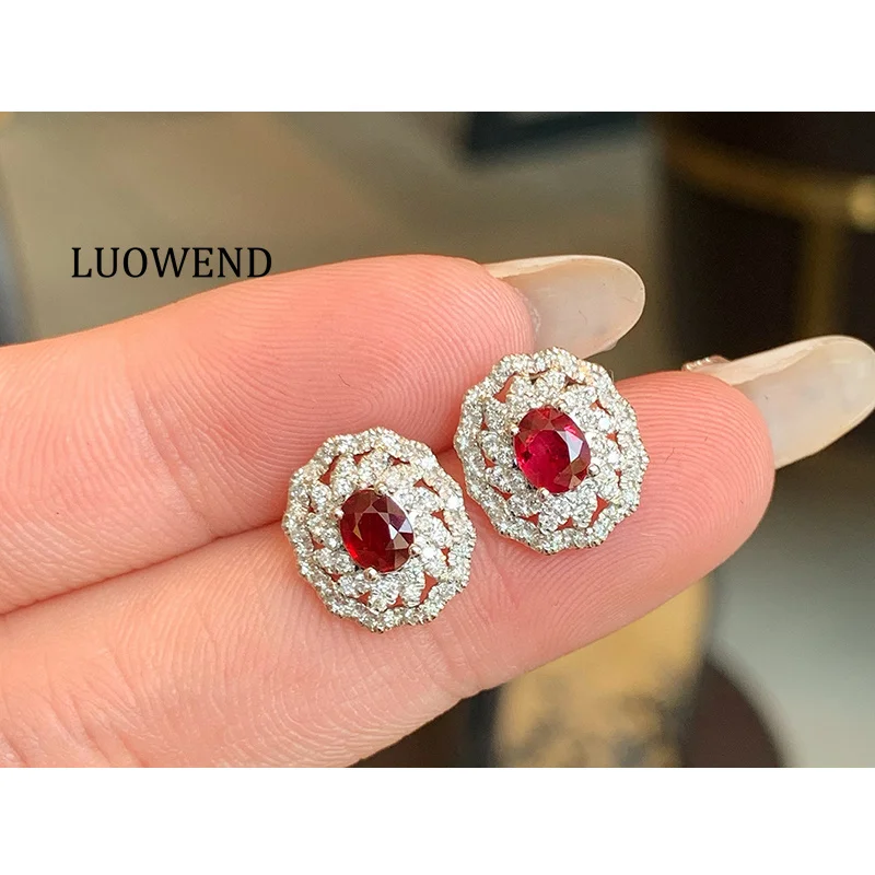 LUOWEND 100% 18K White Gold Earrings Women Vintage Palace Style Shiny Diamond Natural Ruby Stud Earrings High Party Jewelry