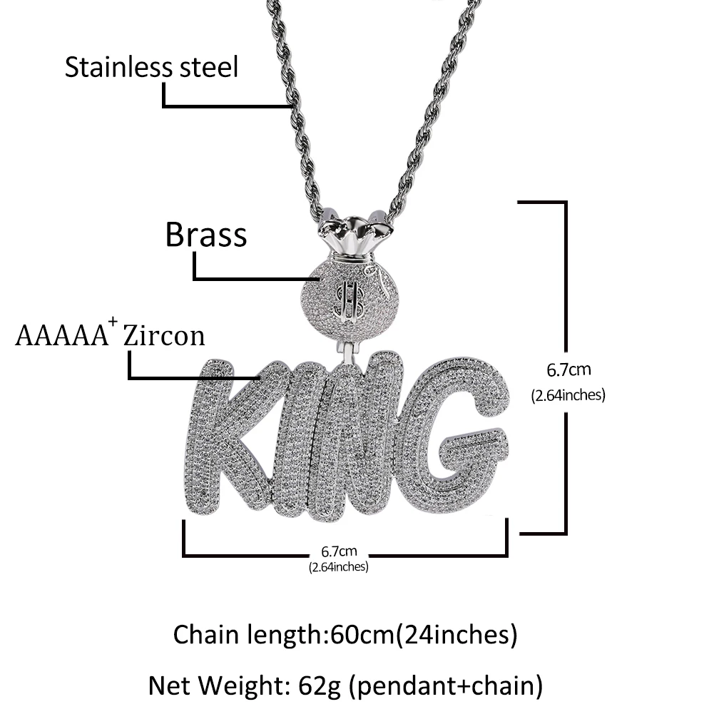 THE BLING KING Bubble Letter Custom Name Necklace For Men Micro Pave Cubic Zircon Money Bag Clasp Dollar Sign DIY HipHop Jewelry