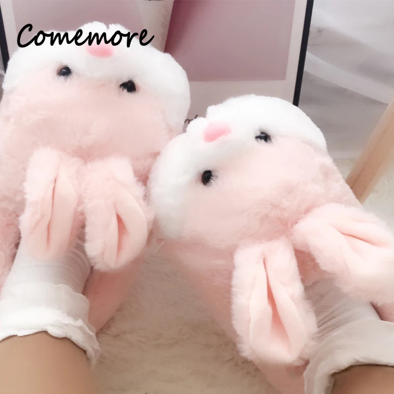 Comemore 2024 Women Cute Animal Slippers Girls Rabbit Home Shoes Plus Size 44 Non Slip Flat Autumn Winter Warm Slipper Plush Men