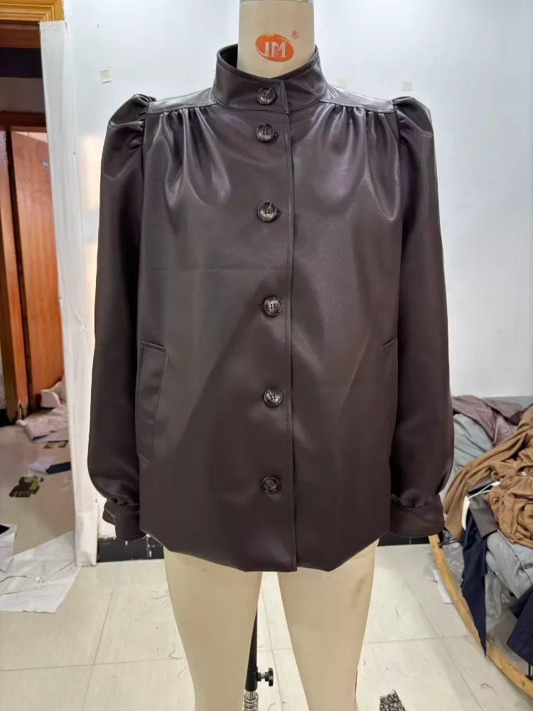 Giacca da donna casual in pelle con colletto alla coreana Chic monopetto a maniche lunghe giacche larghe 2026 Lady High Street Fashion Outwear