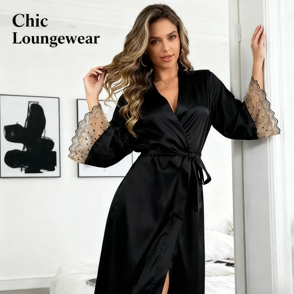 

Women's Lace Satin Robe Long Cardigan Version Loungewear Attribute Draping Fabric Suitable for Home Relaxation