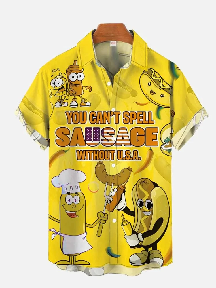 You Can\'t Spell Sausage Without an American Hot Dog Lover Hawaiian Shirt Men\'s Casual Lapel Button Down Shirt