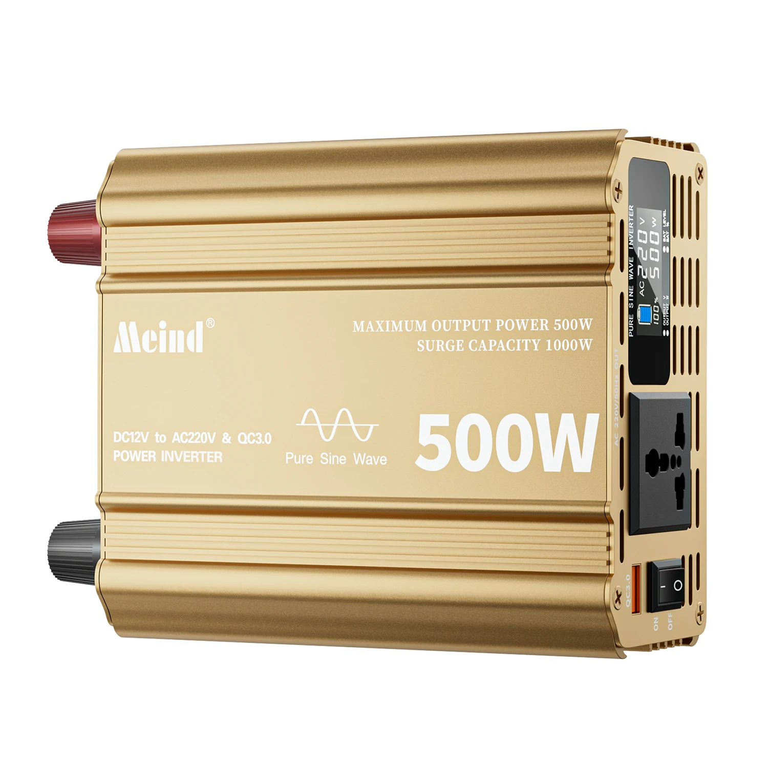 Meind 500W Pure Sine Wave Power Inverter DC 12V Input and AC 220V Output QC3.0 USB Port with LCD Display