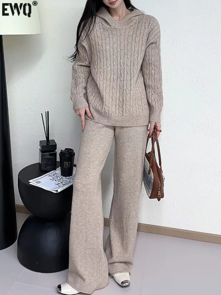 [EWQ] Long Sleeve Hooded Sweater And High Waist Trousers Casual Women Solid Knit Set Clothing 2024 Autumn New Fashion 16O2529