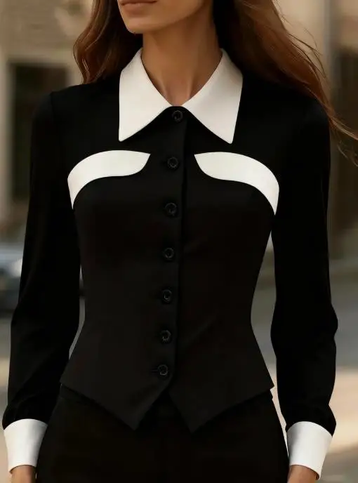 

Commuting Color Blocking Spliced Women's Slim Fit Versatile Long Sleeved Shirt