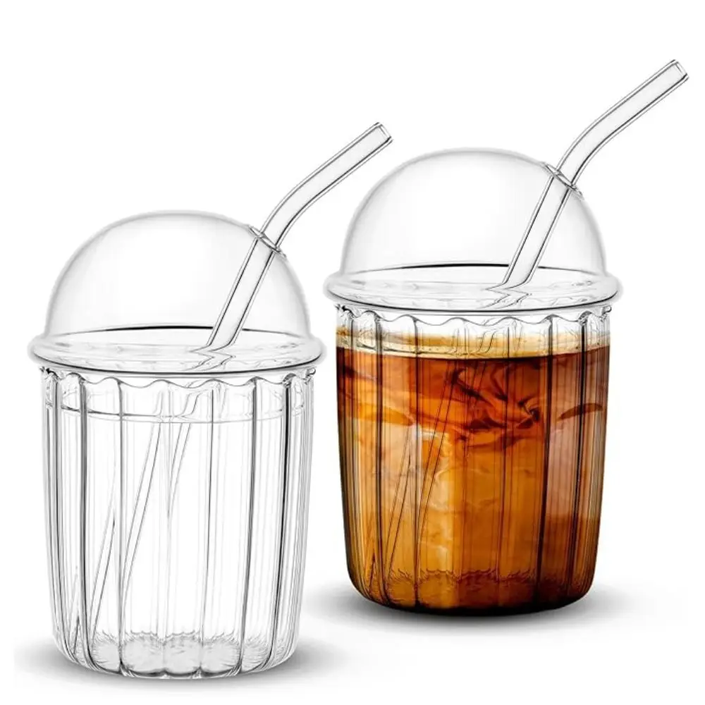 

Ins Clear Glass Straw Cup Dome Lid Wide Mouth Milk Tea Cup Heat-resistant Simple Style Drinking Cup Milk