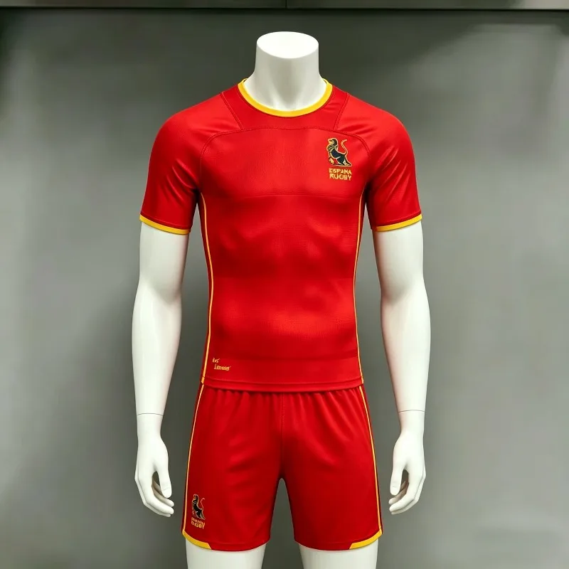 Conjunto de Camiseta de Rugby de España para Hombre, Rojo y Amarillo, Camiseta de Manga Corta y Pantalones Cortos de Rugby España, Uniforme Deportivo Transpirable, Versión para Aficionados