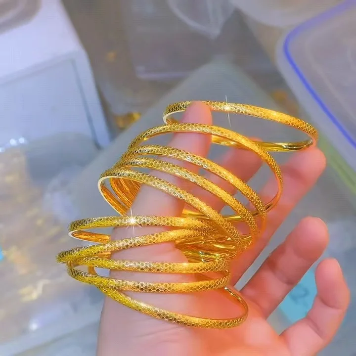 Women's 24K Gold (AU999) 4mm Shining Dragon Scale Bracelet | Faceted scales, embossed cloud-thunder patterns with kyanite