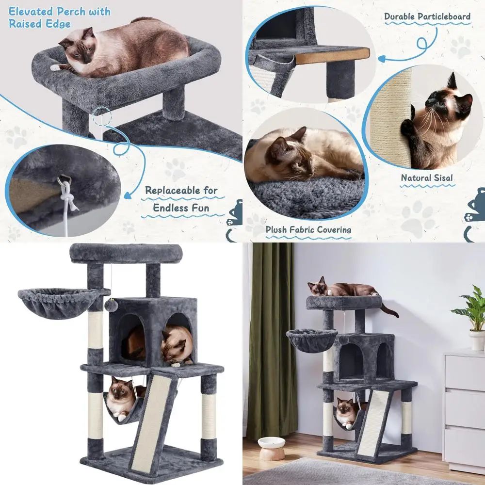 

40-сантиметровая кошачья лестница-домик с гамаком, стойкой для когтей и уютными лежанками для крупных кошек, темно-серый