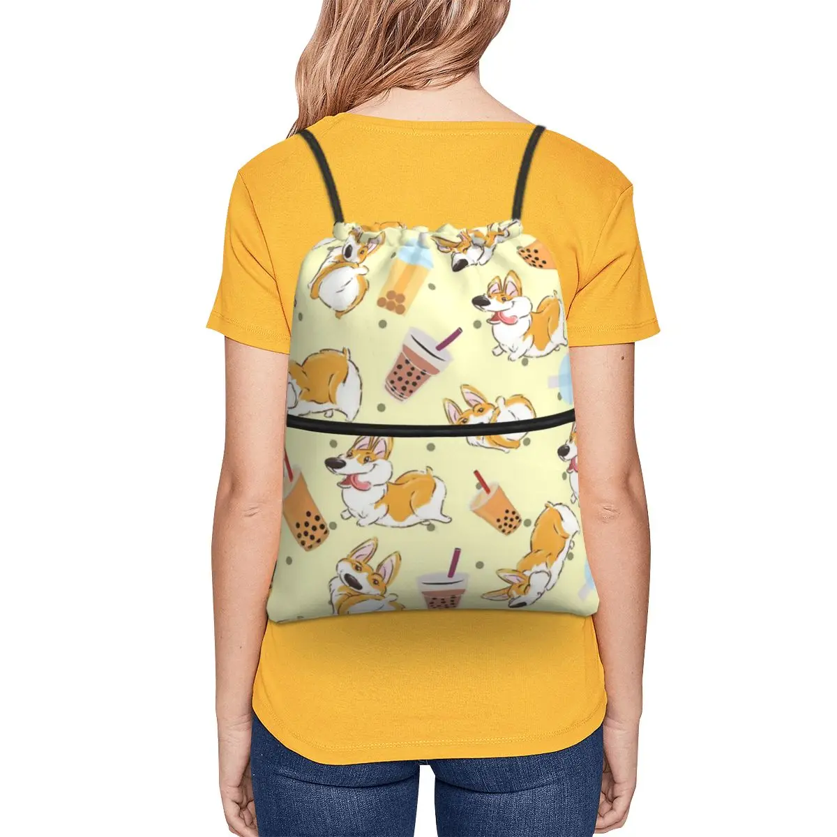 Corgi And Bubble Tea-mochila portátil con cordón para hombre y mujer, bolsa con cordón de moda, bolsa de artículos diversos de bolsillo para viajes, deporte