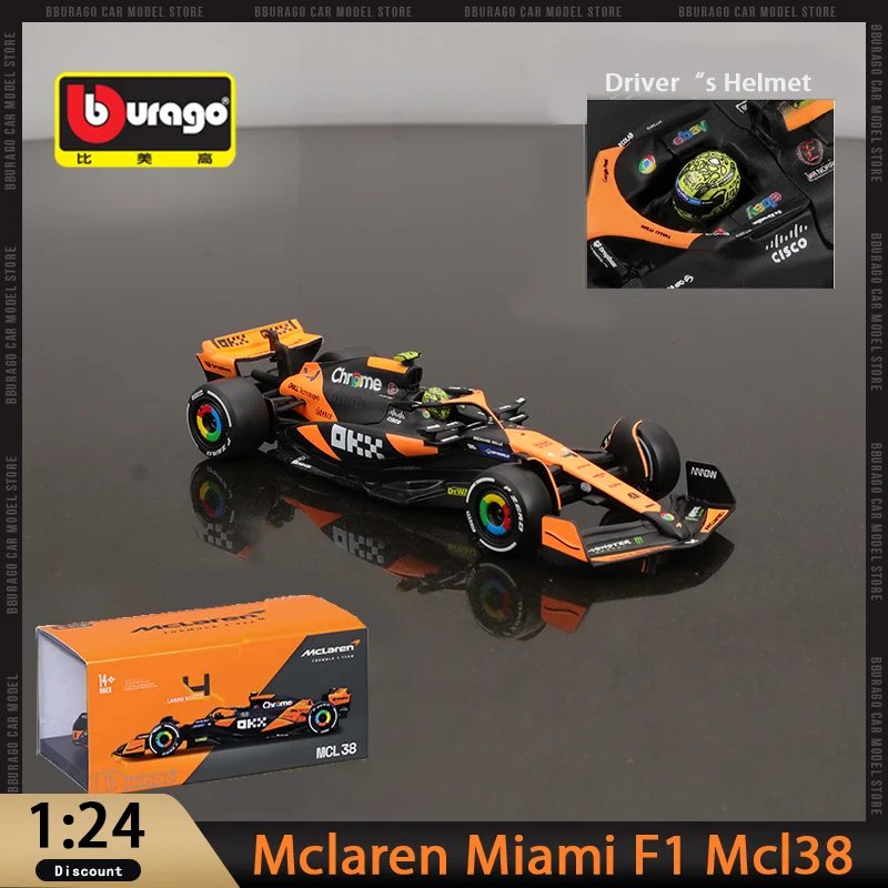 New In Stock Bburago 1:24 Mclaren Miami F1 Mcl38 Premium Package Car Alloy Miniature Diecast Mclaren Ornaments Custom Toys Gifts