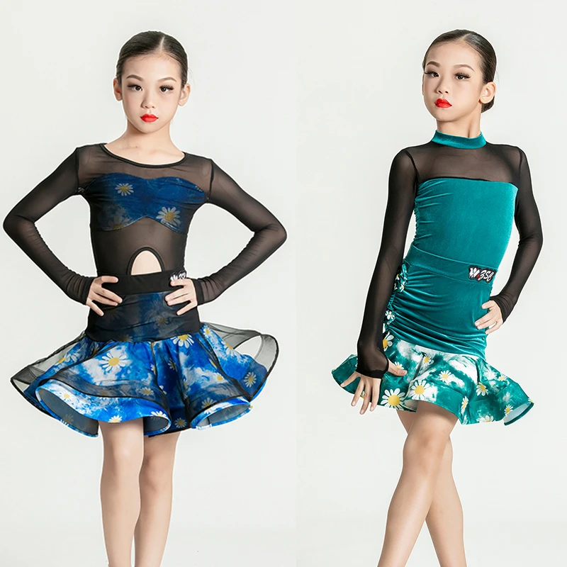 

Fashion Mesh Sleeved Latin Dance Dresses Girls Party Latin Dance Performance Costume Kids Samba Rumba Ballroom Dance Wear SL9148