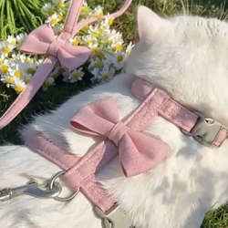 Traction Rope Set Cat Harness Rope Universal For Dogs And Cats Breathable And Adjustable Bow Tie Pink Walking Leash